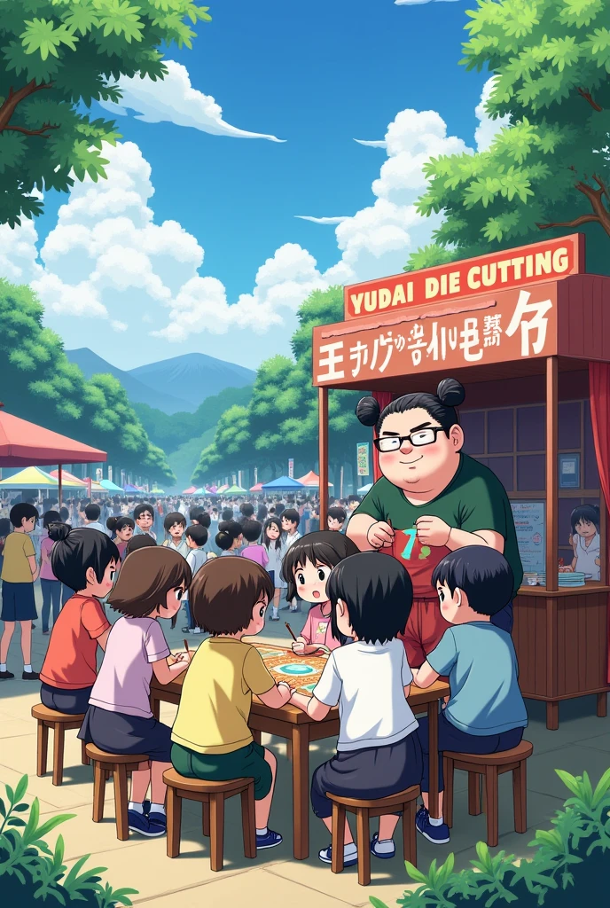 Japanese Summer Festivals The edge of the Obihiro Plains Festival Die cuttingの出店店 A wide range of people from small children to high school students can enjoy it. The owner of the shop wears glasses, is large and chubby, and has a man bun hairstyle. 10人ほどで一台の低いテーブルを低い椅子に座って囲んでDie cuttingに真剣に楽しそうに取り組んでいる 「Yudai Die cutting」A store with a sign that reads