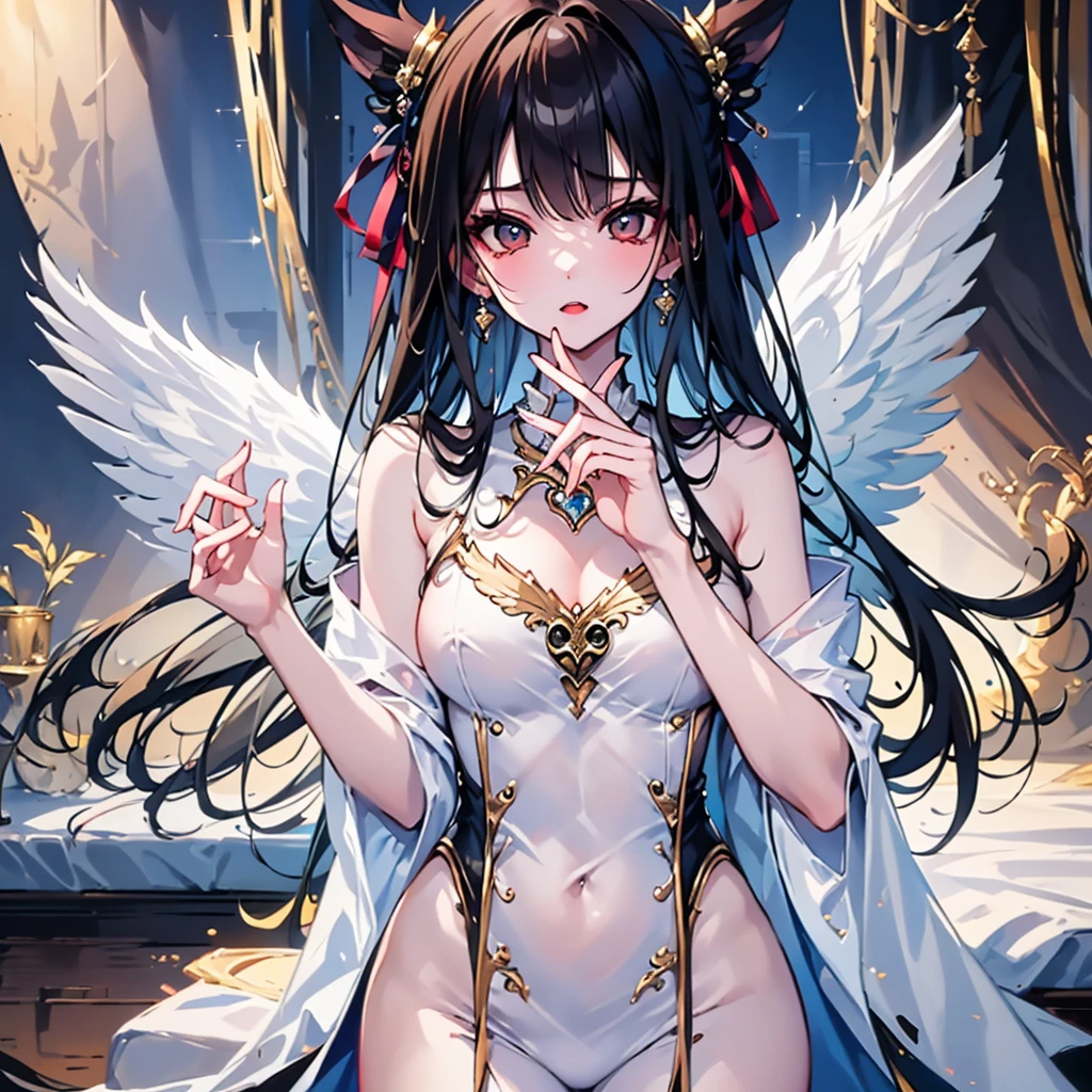 best quality,best resolution,(fluffy anthro furry :1.3),cat girl,small breasts,black long hair,wavy hair,pink eyes,sparkle eyes,white fur,naked,gold bracelets,gold body accessories ornaments,floral hair ornaments,gold body ornaments,shiny angle wings on girl back,panoramic view,golden clouds background,light and shadow,looking at viewer,full face blush,femdom face,smile,licking,heavy breath,heart eyes,heart expression eyes,plenty pussy juice,hand at mouth,low angle,front view,girl on top,leaning forwardly,fiercely sex,brutal sex,vaginal sex,dominate pose