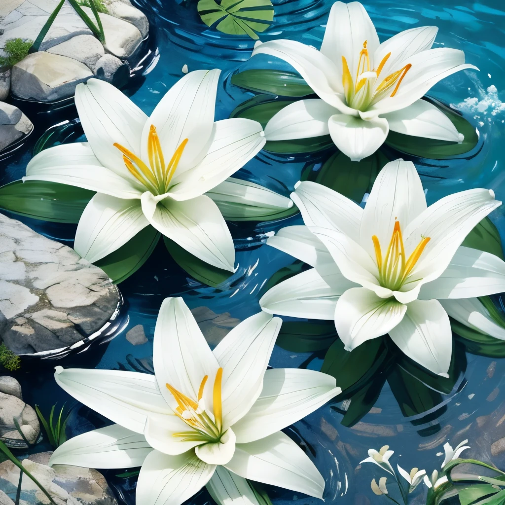 there are some white flowers in the water near some rocks, hymenocallis coronaria, spirited water plants, lily flowers, detailed white, white flowers, white lilies, flowers with very long petals, lillies, white flower, glowing veins of white, garis edelweiss, myth of narcissus, lily flower, aquatic plants, reflecting flower, david hardy