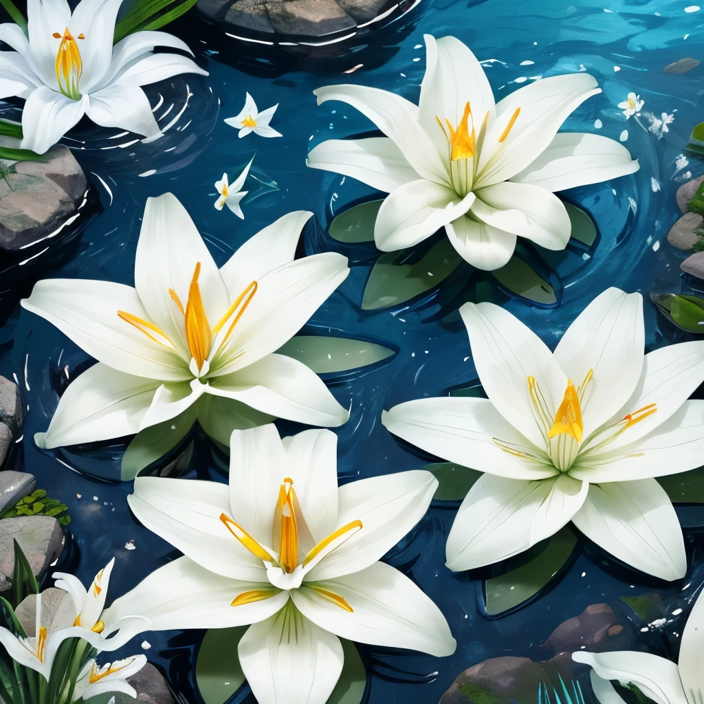 there are some white flowers in the water near some rocks, hymenocallis coronaria, spirited water plants, lily flowers, detailed white, white flowers, white lilies, flowers with very long petals, lillies, white flower, glowing veins of white, garis edelweiss, myth of narcissus, lily flower, aquatic plants, reflecting flower, david hardy