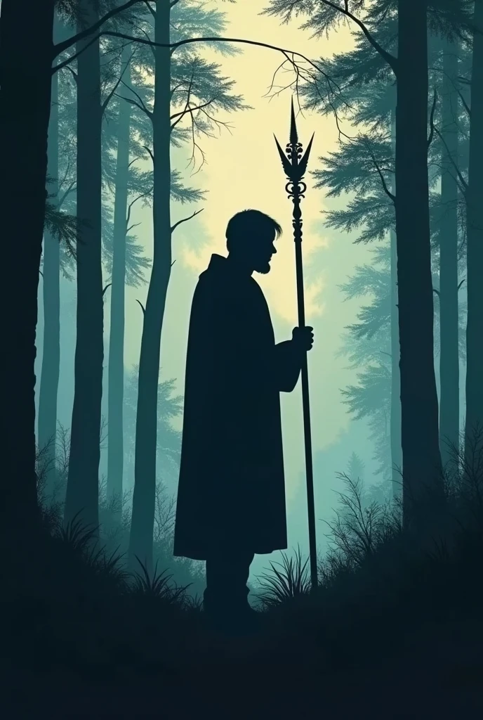 Create the silhouette of a man, holding a staff in the middle of the forest