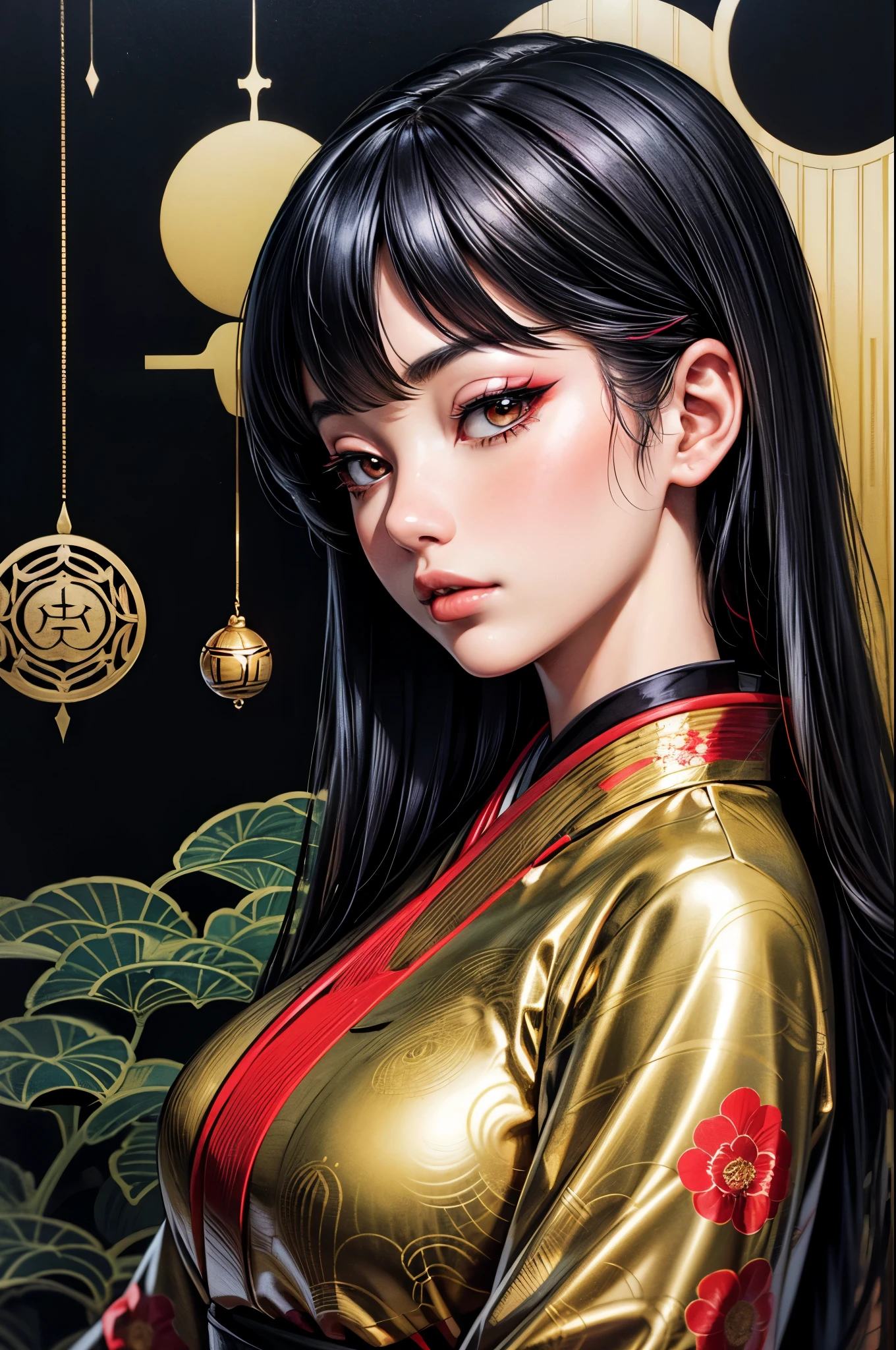 black widow in a sexy golden red kimono dress with a gold halo, japanese goddess, chie yoshii, elegant japanese woman, portrait of a beautiful geisha, intricate sexy geisha kimono, japanese art style