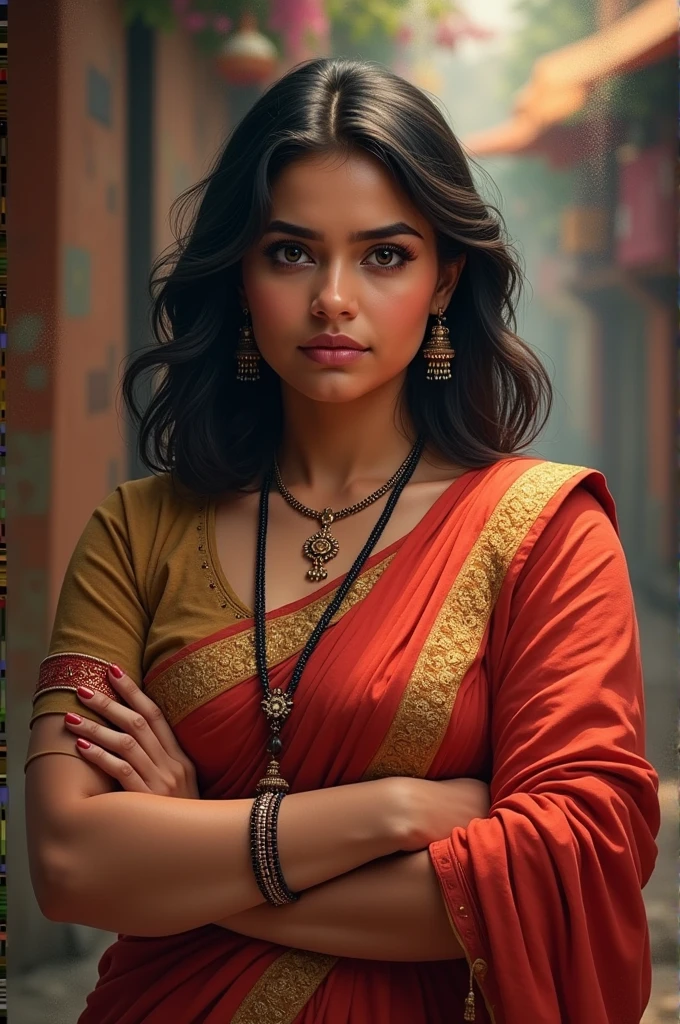 Alightly chubby girl with broad shoulders in ethnic indian wear, shoulder length hair and small eyes, rude face thick lips