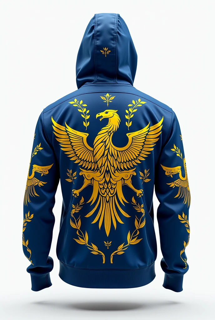 Make a white Swedish team jacket with a Nordic theme and Valkyries and blue and yellow details.