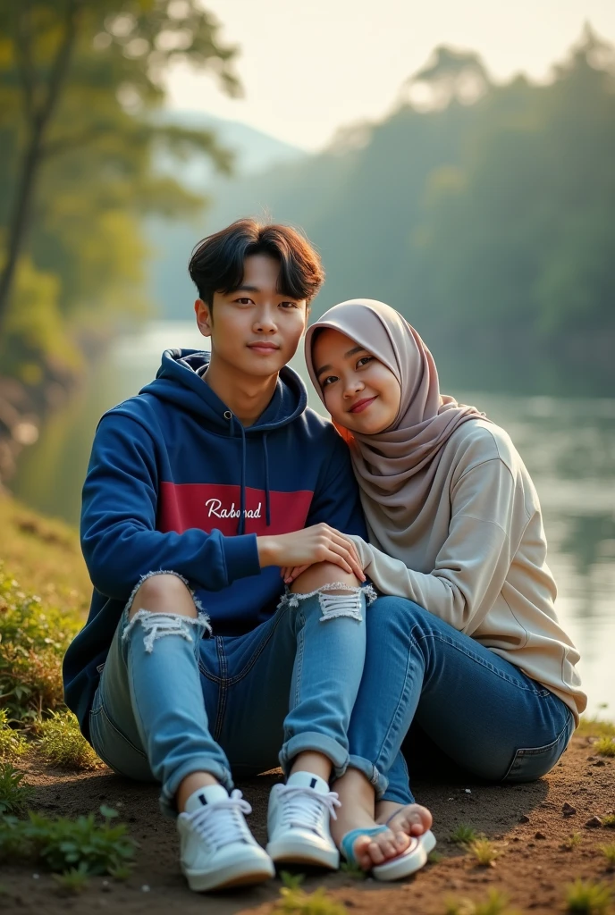 (photorealism:1.2),Indonesian male and female couple aged 25 years,Korean hairstyle men , ripped jeans, nike jordan shoes, wearing a blue hoodie with red gradient, inscribed "Rahmad",Indonesian Latin text, clear. Woman wearing hijab slightly fat 70kg. sitting pose, romantic, look at the camera direction, river background, tropical forest, morning sunlight, good morning. Real details, hyper realistic, UHD, Photography, wide shot
