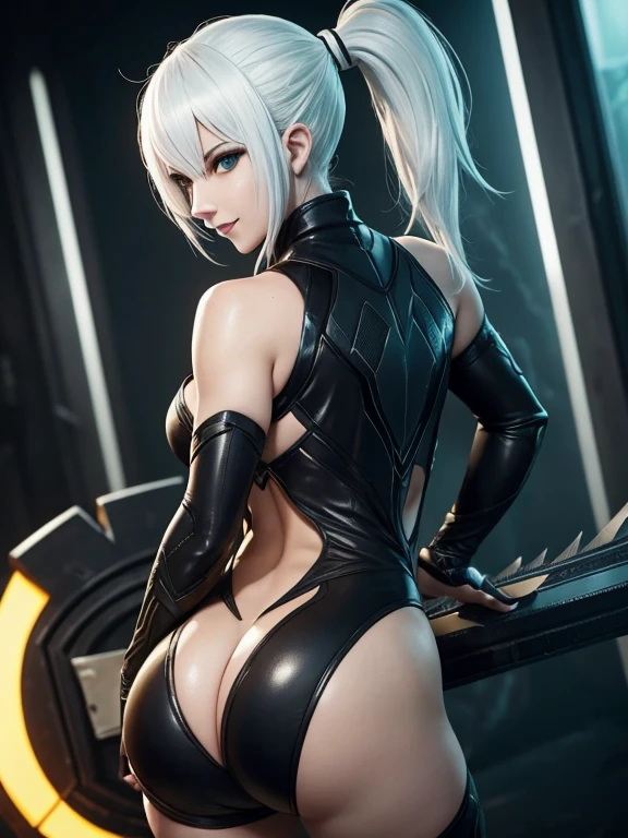 League of legends character riven in venom suit, white hair, yellow eyes, black suit, black bunny suit, venom suit, butt saw behind, from behind, smile, sexy body, ponytail hairstyle, seductive body shape, cleavage on