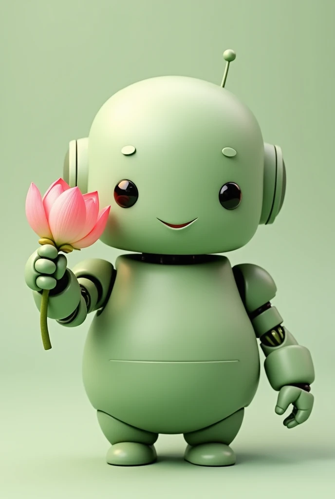 A friendly, chubby, light green robot displaying an open lotus flower in its hand, looking straight ahead.
