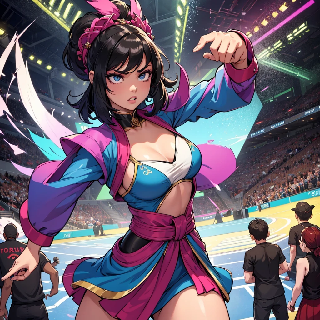 masterpiece, top-quality, Detailed details, Detailed landscapes, beatiful lights, one girls,18year old,smirking,Glistening sweat,open one's legs,Kneel,detailed skin textures,((Baton Twirling))、stadio、(blue-sky)、llight rays、a miniskirt,High contrast,super low angle