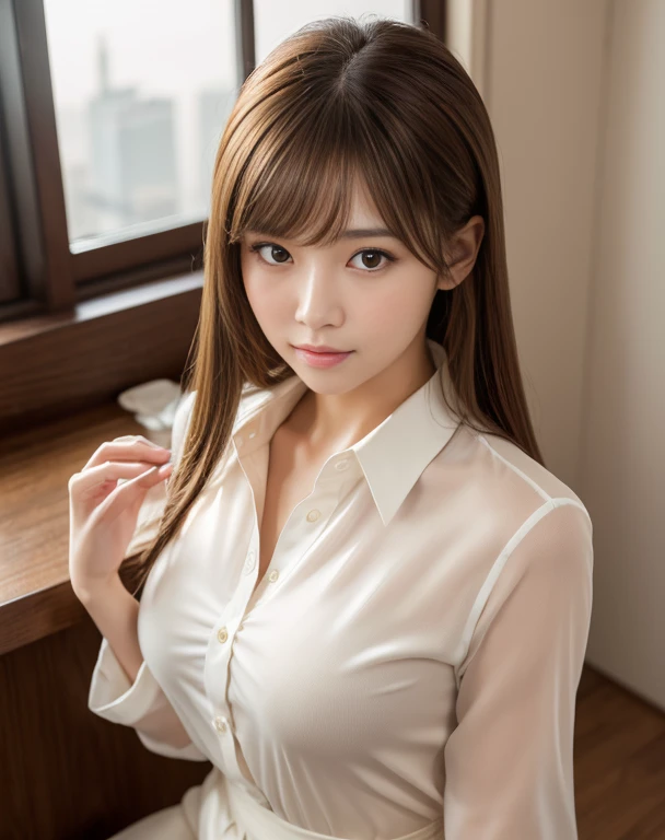 Highest quality, masterpiece, High definition, 16k quality, Beauty OL, Light brown medium hair, Beautiful light brown eyes, business suit, White blouse, black_pantyhose, Plump and large breasts, , blush, She is looking at the camera, A dreamy look, Morning Office, Beautiful crimson clouds,笑顔Highest quality, Face Focus, Soft Light, Ultra-high resolution, (Realistic:1.4), RAW Photos,
1 Japanese girl, alone, cute, (pupil, Light in your eyes),  Beautiful face in every detail, (Small box),(High resolution detail of human skin texture),
(Long Hair),
indoor,
Damask Shirt Dress,
(Portraiture)