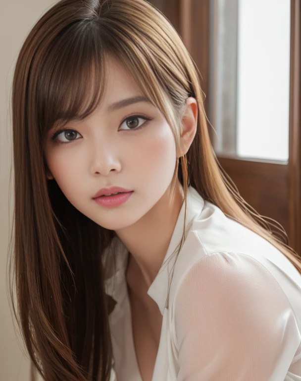 Highest quality, masterpiece, High definition, 16k quality, Beauty OL, Light brown medium hair, Beautiful light brown eyes, business suit, White blouse, black_pantyhose, Plump and large breasts, , blush, She is looking at the camera, A dreamy look, Morning Office, Beautiful crimson clouds,笑顔Highest quality, Face Focus, Soft Light, Ultra-high resolution, (Realistic:1.4), RAW Photos,
1 Japanese girl, alone, cute, (pupil, Light in your eyes), Beautiful face in every detail, (Small box),(High resolution detail of human skin texture),
(Long Hair),
indoor,
Damask Shirt Dress,
(Portraiture)