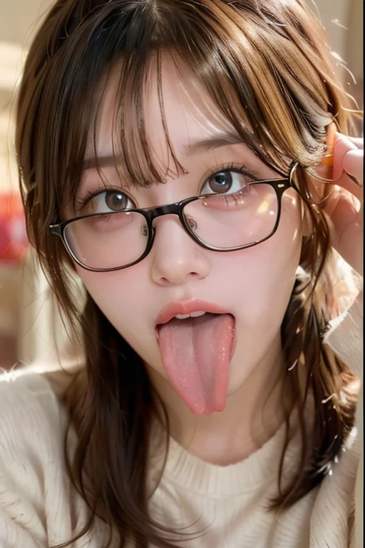 woman, beautiful girl, 、 , Realistic skin of the highest quality, Eyes are focused, 20-year-old, Sticking out tongue, Focus on the mouth, Open your mouth, Long Tongue, saliva, Open your mouth , You can see inside the mouth, Open your mouth  Sticking out tongue, Realistic tongue、Provocative eyes、look up、attractive、Wearing glasses、