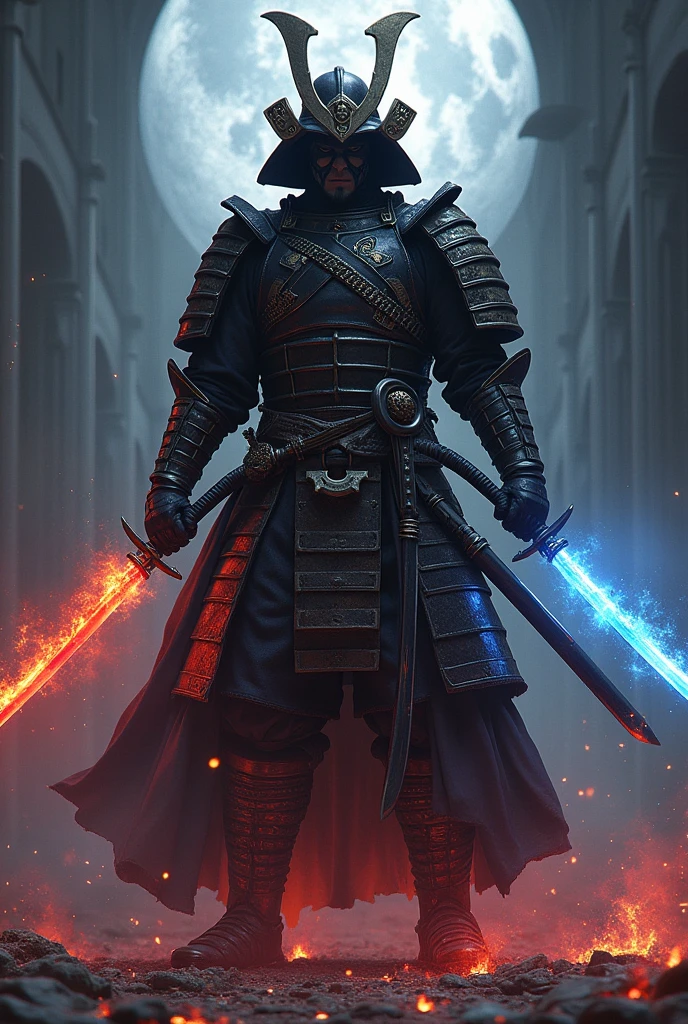 A samurai wearing Elden Ring armor, with a katana with a blood red flame and a katana with a bright blue blade with moon symbols
