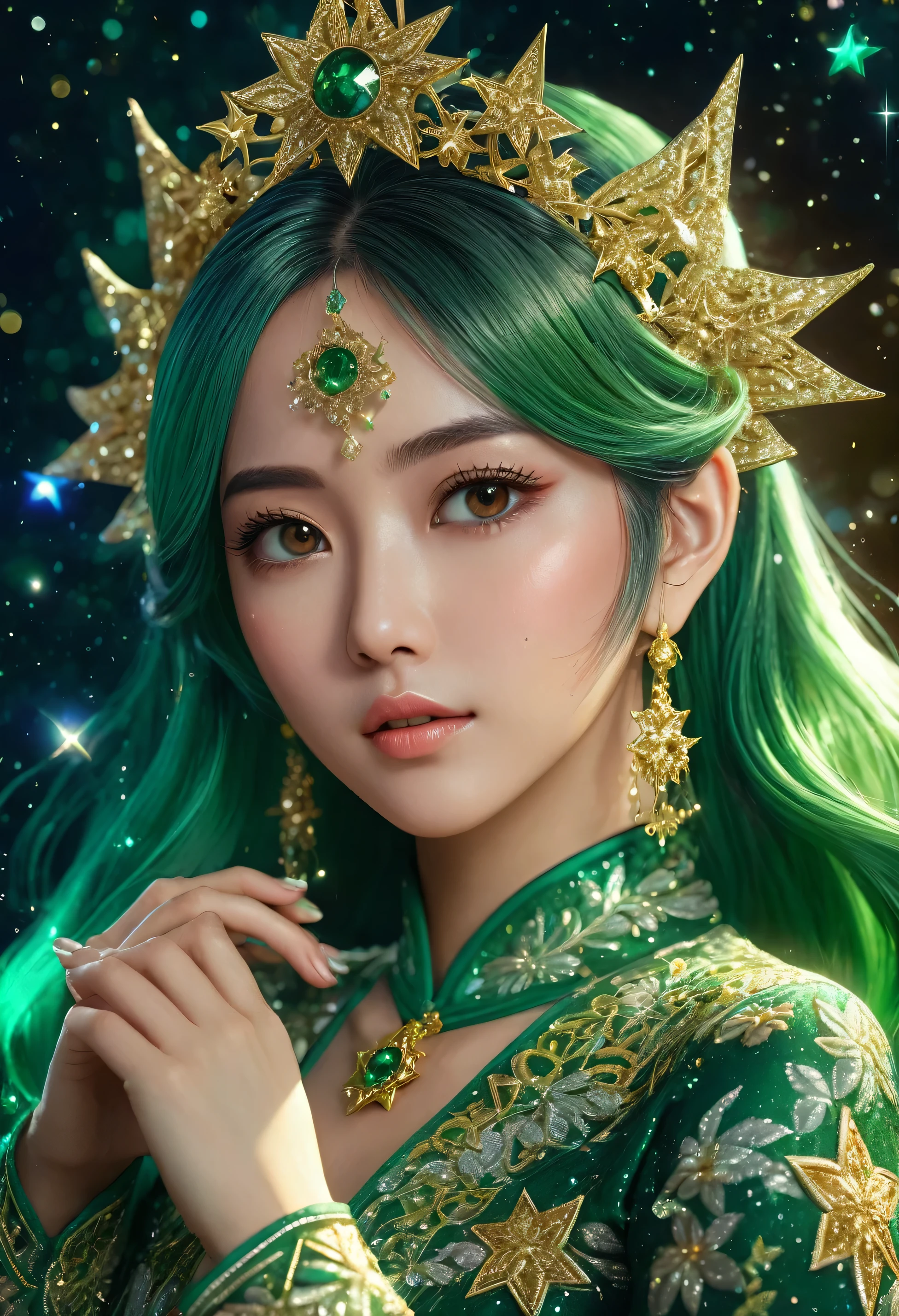 matte painting of a green haired anime girl with sparkling brown eyes with Star motif, wearing a traditional green kebaya, holding hair, her hand is wearing a sparkling green ring, detailed glitter, deep color, fantastic, intricate details, splash screen, complementary colors, fantasy concept art, 8k resolution is trending in Artstation Unreal Engine 5 " glamorous and glittering, with Realistic Glitter Sequined Portrait. 4k, very detail, whole body