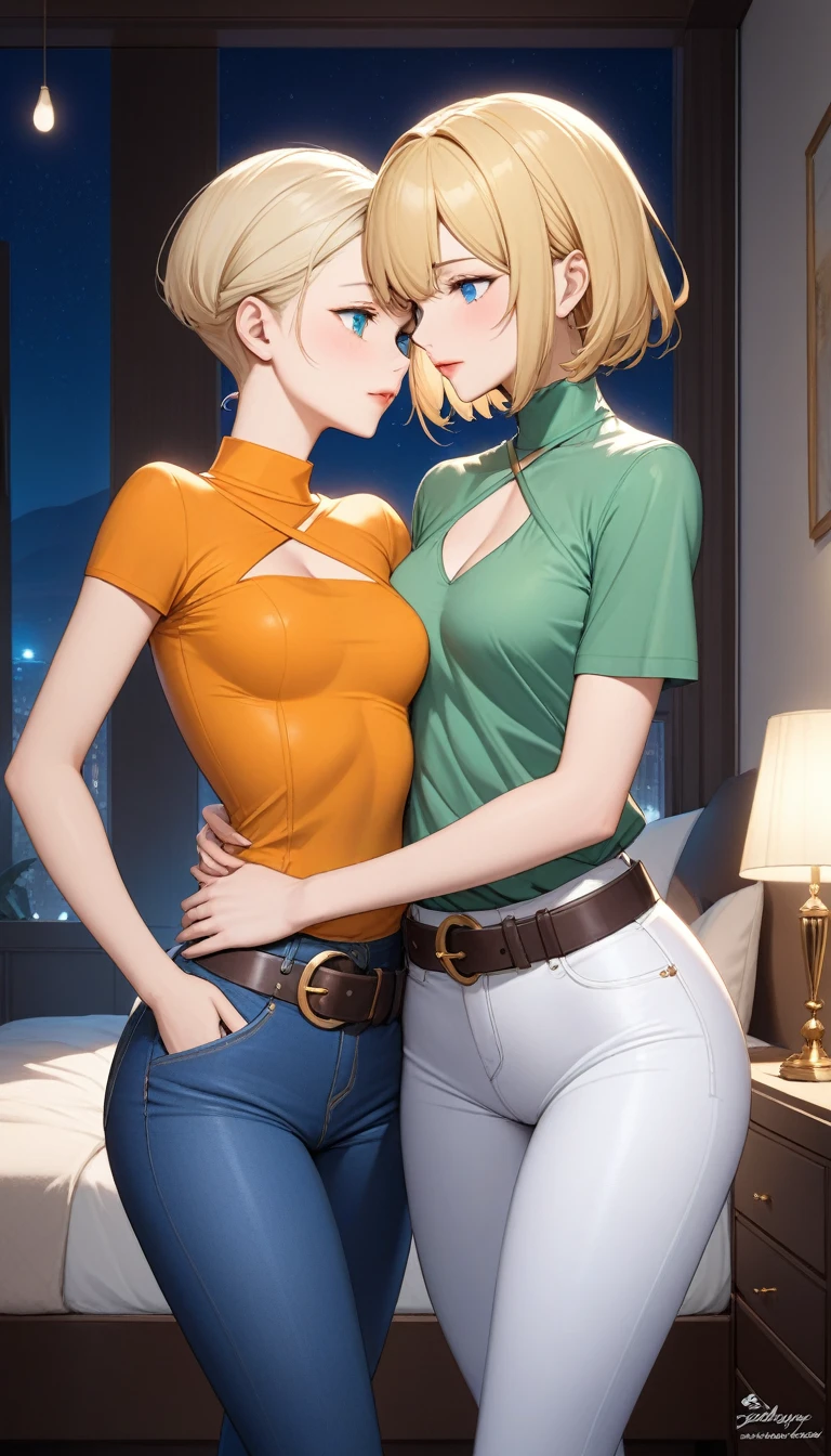 Two beautiful ladies ((lady 1: 35y old mom, with short straight blonde hair, lady 1 with blue eyes and caucasian skin, lady 1 wearing Tight Jeans and Leather Belt, lady 1 Sexy Criss Cross Mock Neck Short Sleeves Orange Blouse)), ((lady 2: y olaughter, with short straight blonde hair, lady 2 with blue eyes and caucasian skin, lady 2 wearing Tight Jean Shorts and Leather Belt, lady 2 Sexy Criss Cross Mock Neck Short Sleeves Green Blouse)), luxurious jewelry, 18k gold wedding ring on left hand, standing in their bedroom at night, hugging and kissing each other, (light brown lipstick), (elegant mascara), (slim body), (small breasts), (wide hips), endjourney, <lora:GoodHands-, <lora:GoodLegs-, UHD, high resolution, (expressive eyes, perfect face, full body, expressive face, perfect body, perfect pussy, athletic, fit, slim body, blushing, Perfect makeup, eyeliner, beautiful eyelashes, smiling, horny face), ((best illumination, best shadows)), ((sexy pose)), ((Front pov:1.1))