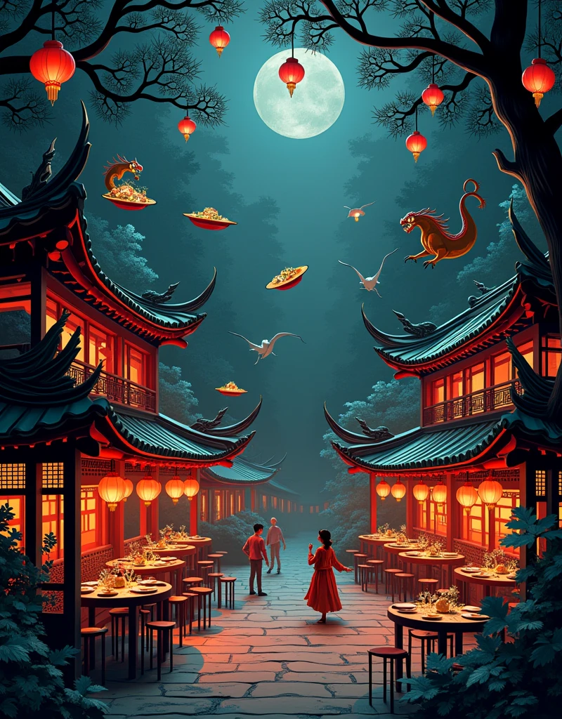 Papercut art. Kirigami. A very detailed and intricate cutout of an ancient chinese restaurant with dishes of chinese food flowing, some monsters and trees flying around the dishes, mystery dark atmosphere at night, no human