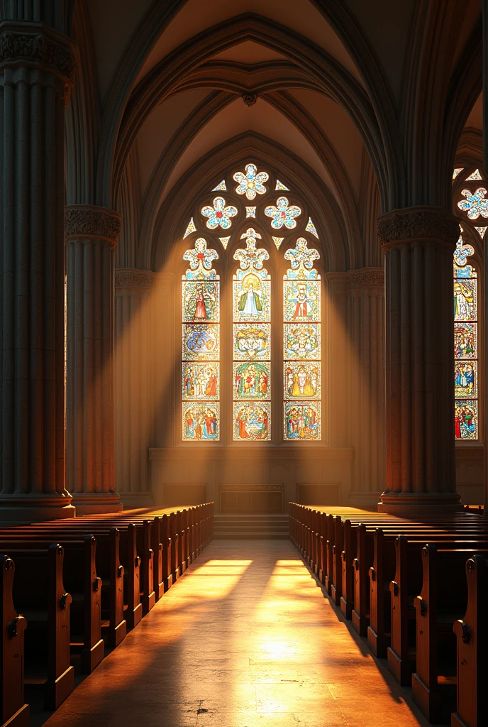 The entire interior of a European church、Sunlight coming in through artistic stained glass