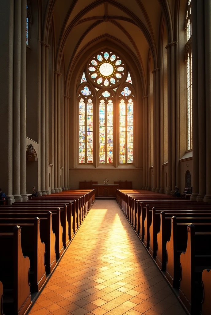 The entire interior of a European church、Sunlight coming in through artistic stained glass