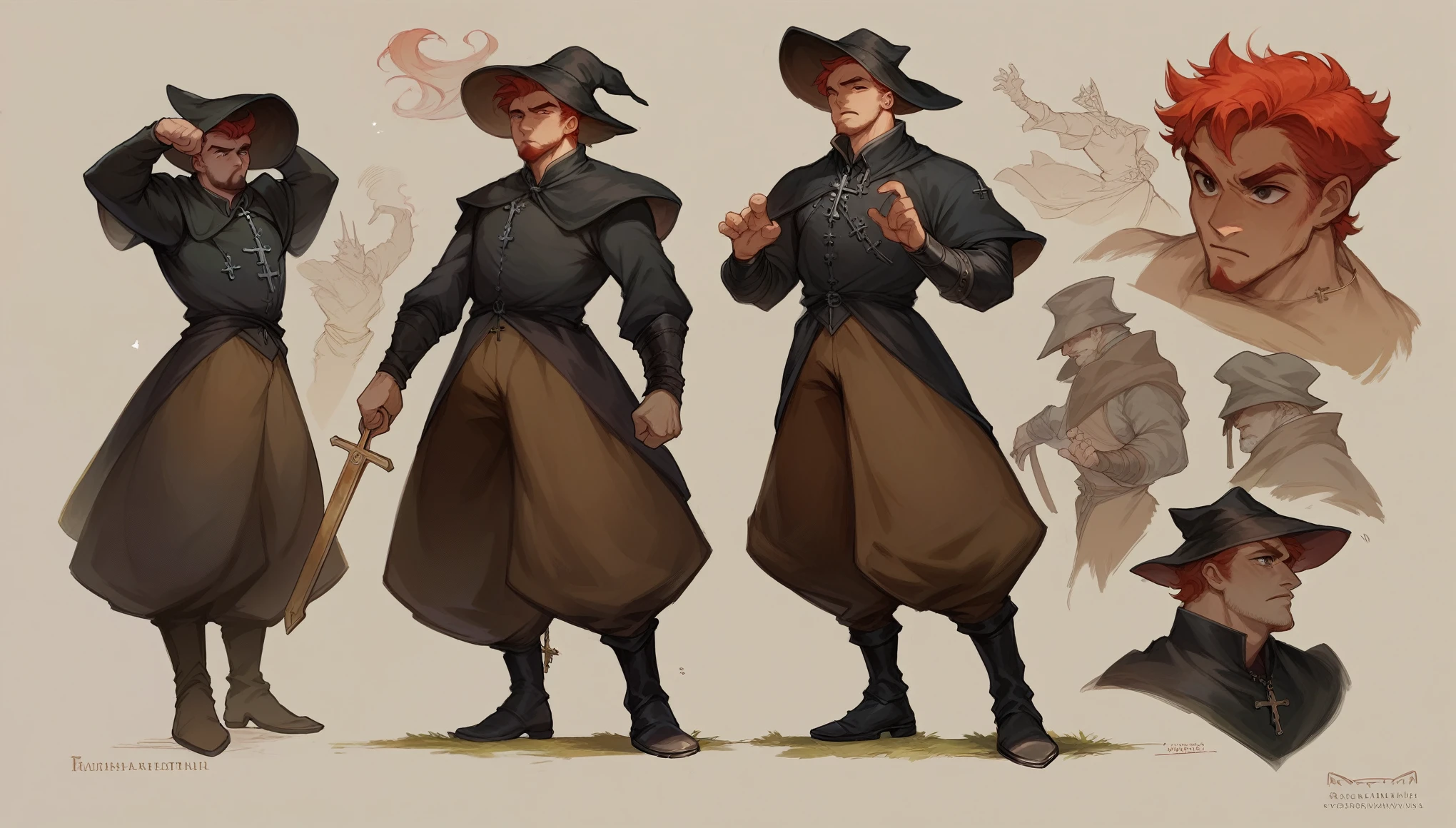 Concept art, man, red hair, black overture, black hat, brown pants, black boots, medieval gothic theme, hunter, crucifix on neck, full body pose