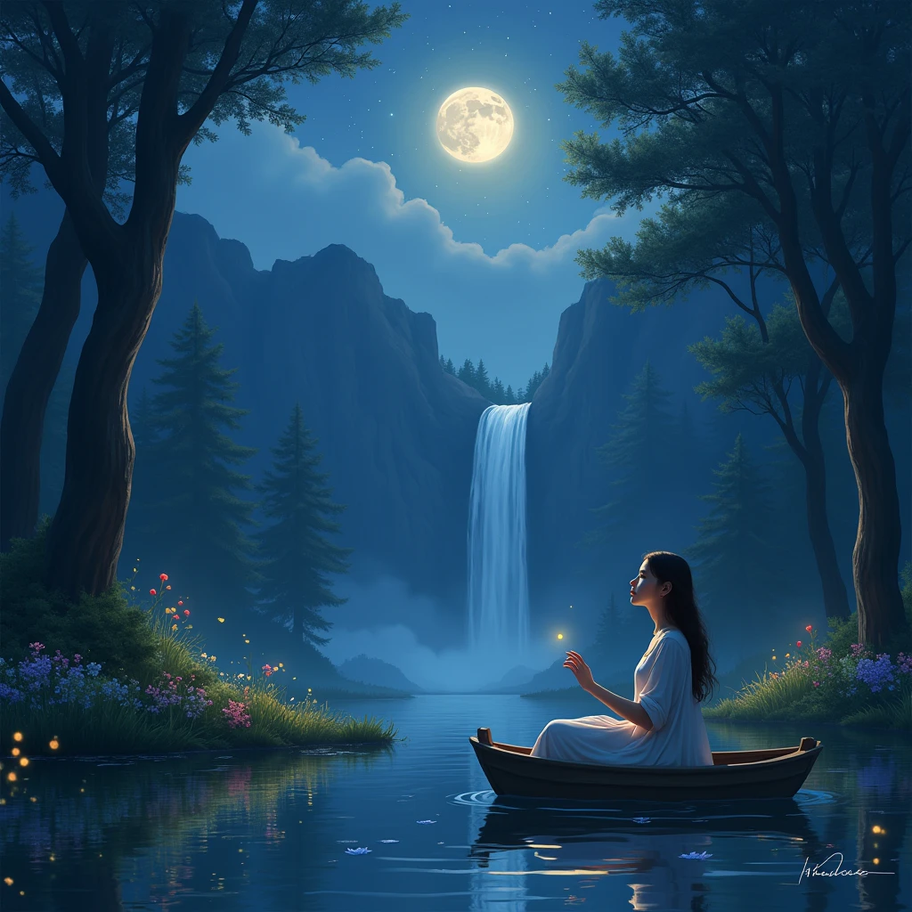 A beautiful girl was watching stars in the dark bluish sky filled with moonlight. It was a dark forest with tall trees and flowers garden. She was on the boat in the lake. The light insect was shining beautiful. The water falls was falling from the mountain