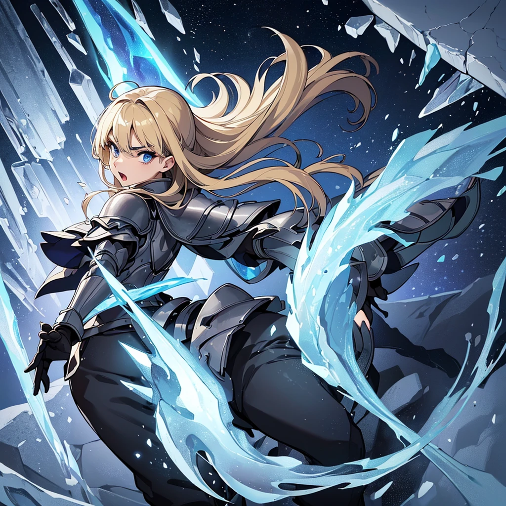 ((((Solo))))、Best illustrations、Best Quality、(Full body character concept、Character Design)、(((Grey Armor、Black trousers、Black gloves))、(woman、18-year-old)、(Blonde、Long Hair)、(Get Ready)、(get annoyed、Open your mouth)、(Particles of light, Blue aura, ice、iceの玉、巨大なiceの塊、iceの魔法)、Dramatic Angle、Snowstorm、(From the back)