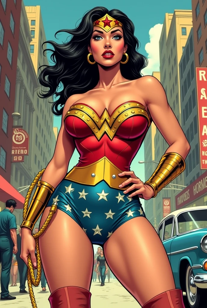 A stunning, classic comic-style Wonder Woman, her voluptuous figure accentuated by her iconic red, blue, and gold costume. Her ample bosom is barely contained by her star-spangled bustier, the fabric stretching tautly over her generous breasts, which are perched high and proud, with voluminous cleavage that demands attention. Her broad, powerful shoulders lead to a cinched waist, emphasizing the dramatic curve of her exaggerated hourglass figure. Below her waist, a pair of tight-fitting, high-cut shorts hug her shapely hips and showcase her massive, round buttocks. The shorts are so snug that they create a wedgie, revealing a hint of the red fabric that lies beneath, which matches her heroic top. The scene is set in a retro, 1940s-inspired cityscape with vibrant colors that pop against the stark, bold lines of the illustration. The background is filled with the chaos of a bustling metropolis, complete with vintage cars, skyscrapers, and pedestrians in awe of the Amazonian warrior. She stands tall and confident, one hand on her hip, the other gripping her golden lasso, which drapes over her shoulder and down her back, highlighting her incredible physique. Her golden belt is cinched tightly around her midriff, drawing the eye to the tantalizing gap between her thighs. Her legs are long, muscular, and unblemished, ending in a pair of sturdy red boots that come up to mid-thigh, which show off her shapely calves. Her dark hair flows freely in the wind, framing her beautiful face, which is filled with determination and a touch of sass. The iconic eagle-emblazoned bustier is adorned with metal studs that glisten in the artificial light, and her gold bracelets gleam as they clasp around her wrists. Her eyes are piercing, a brilliant blue that seems to bore into the soul of the beholder. The overall look is a blend of old-school comic charm and modern sex appeal, bringing the legendary heroine to life in a way that's both familiar and alluringly provocative.