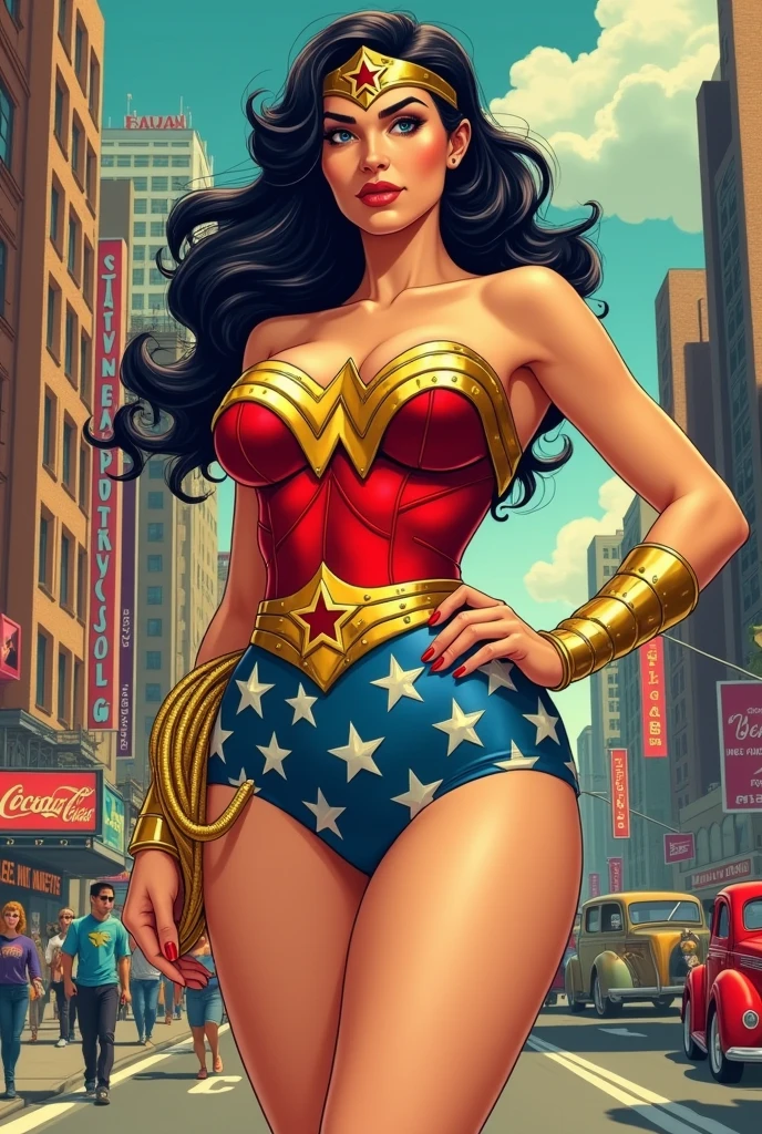 A stunning, classic comic-style Wonder Woman, her voluptuous figure accentuated by her iconic red, blue, and gold costume. Her ample bosom is barely contained by her star-spangled bustier, the fabric stretching tautly over her generous breasts, which are perched high and proud, with voluminous cleavage that demands attention. Her broad, powerful shoulders lead to a cinched waist, emphasizing the dramatic curve of her exaggerated hourglass figure. Below her waist, a pair of tight-fitting, high-cut shorts hug her shapely hips and showcase her massive, round buttocks. The shorts are so snug that they create a wedgie, revealing a hint of the red fabric that lies beneath, which matches her heroic top. The scene is set in a retro, 1940s-inspired cityscape with vibrant colors that pop against the stark, bold lines of the illustration. The background is filled with the chaos of a bustling metropolis, complete with vintage cars, skyscrapers, and pedestrians in awe of the Amazonian warrior. She stands tall and confident, one hand on her hip, the other gripping her golden lasso, which drapes over her shoulder and down her back, highlighting her incredible physique. Her golden belt is cinched tightly around her midriff, drawing the eye to the tantalizing gap between her thighs. Her legs are long, muscular, and unblemished, ending in a pair of sturdy red boots that come up to mid-thigh, which show off her shapely calves. Her dark hair flows freely in the wind, framing her beautiful face, which is filled with determination and a touch of sass. The iconic eagle-emblazoned bustier is adorned with metal studs that glisten in the artificial light, and her gold bracelets gleam as they clasp around her wrists. Her eyes are piercing, a brilliant blue that seems to bore into the soul of the beholder. The overall look is a blend of old-school comic charm and modern sex appeal, bringing the legendary heroine to life in a way that's both familiar and alluringly provocative.