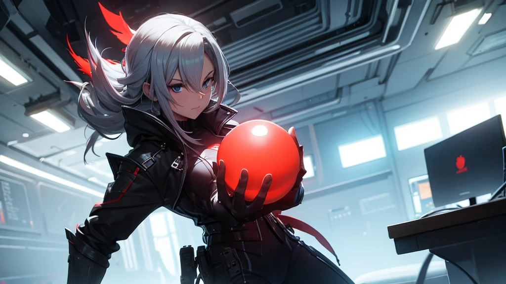 Make a man holding a red energy ball with his hands in a futuristic setting