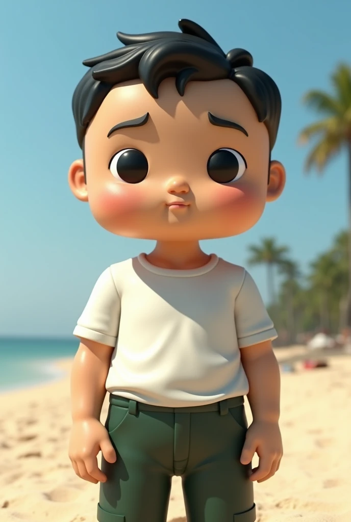 hyperdetailed photographic portrait full body 3d render of young chubby baby face japanese man, wear white t-shuts, wear darkgreen work pants, dark short hair, chubby face, detail beard,detail face, detail nose, realistic eyes, detail fingers, as a full body funko pop toy, sigma 85mm f/1.4, 15mm, 35mm, 4k, high resolution, 4k, 8k, hd, full color, photo realistic.summer beach.