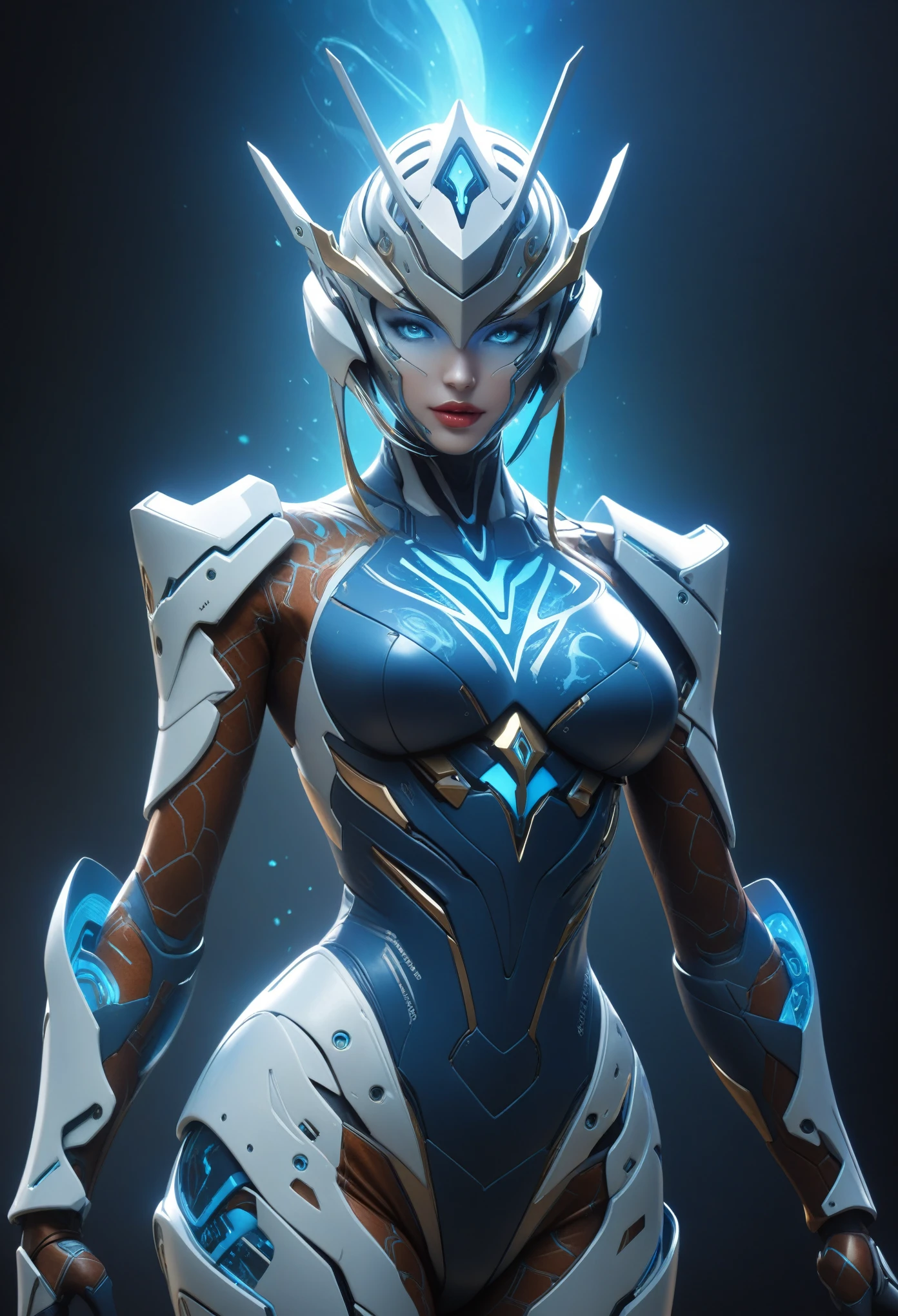 score_9, score_8_up, score_7_up, Wear blue and wite mechanical clothing, Wonders of the machine, cyber, Cybernetic Guardian, Futuristic Armor, whole body, Front pose, Symmetric, Complex (Steel Metal [rust]), joint, Warframe style, cyborg, Female body armor, (Best Quality, 4K, 8K, High Definition, Masterpiece:1.2), (Ultra Detailed, Realistic, Photorealistic:1.37), detailed fractal patterned skin, cute lips, Bioluminescence, dark aura