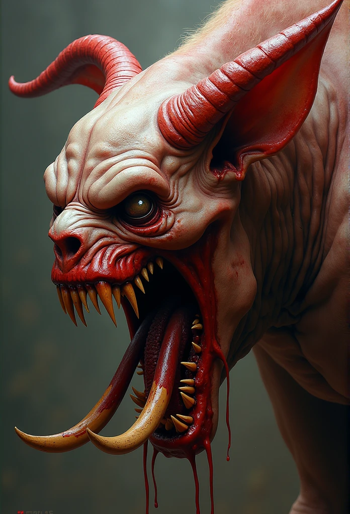 A painting of a demonic creature with a bloodied face and bloodied head, Butchery, Sci - Art of Horror Fiction, Sci-fi horror artworks, inspirado por Aleksi Briclot, Butcher's tusks, horror fantasy art, por Aleksi Briclot, Arte conceptual de terror, veneno, Fantasy and horror art, Detailed illustration of 4K horror, demonic creature, dark fantasy horror art, (beefy), (moobs), (nipples), (furry), muscular, 1male