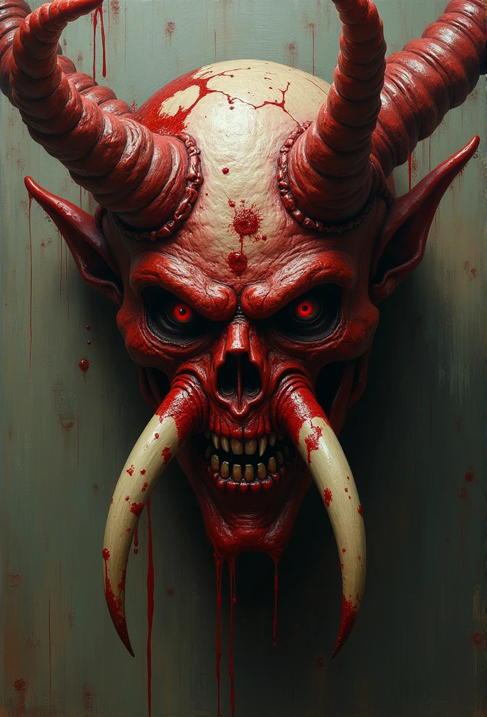 A painting of a demonic creature with a bloodied face and bloodied head, Butchery, Sci - Art of Horror Fiction, Sci-fi horror artworks, inspirado por Aleksi Briclot, Butcher's tusks, horror fantasy art, por Aleksi Briclot, Arte conceptual de terror, veneno, Fantasy and horror art, Detailed illustration of 4K horror, demonic creature, dark fantasy horror art, (beefy), (moobs), (nipples), (furry), muscular, 1male