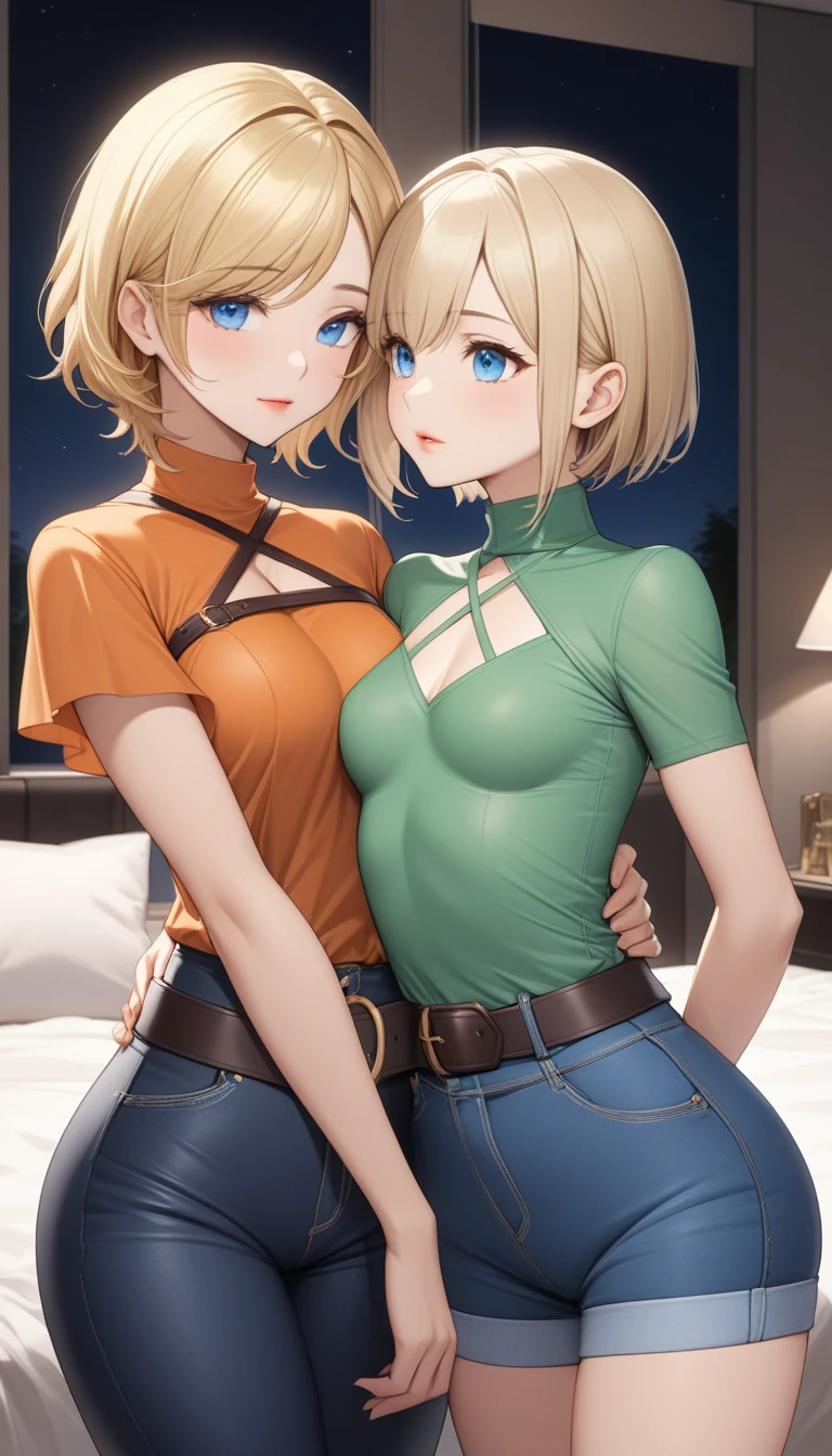 Two beautiful ladies ((lady 1: 35y old mom, with short straight blonde hair, lady 1 with blue eyes and caucasian skin, lady 1 wearing Tight Jeans and Leather Belt, lady 1 Sexy Criss Cross Mock Neck Short Sleeves Orange Blouse)), ((lady 2: 13y old daughter, with short straight blonde hair, lady 2 with blue eyes and caucasian skin, lady 2 wearing Tight Jean Shorts and Leather Belt, lady 2 Sexy Criss Cross Mock Neck Short Sleeves Green Blouse)), luxurious jewelry, 18k gold wedding ring on left hand, standing in their bedroom at night, hugging and kissing each other, (light brown lipstick), (elegant mascara), (slim body), (small breasts), (wide hips), endjourney, <lora:GoodHands-, <lora:GoodLegs-, UHD, high resolution, (expressive eyes, perfect face, full body, expressive face, perfect body, perfect pussy, athletic, fit, slim body, blushing, Perfect makeup, eyeliner, beautiful eyelashes, smiling, horny face), ((best illumination, best shadows)), ((sexy pose)), ((Front pov:1.1))