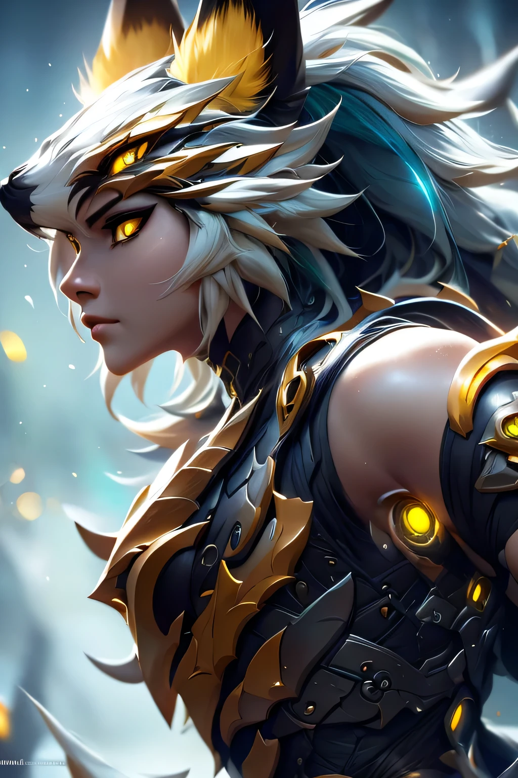 Best quality, masterpiece, ultra high res, one person, female, goddes, imposing, yellow-green skin, emotionless, yellow eyes, yellow eyeballs, nine green fox tails, large fox ears, long veil-like hair covering one eye, precise symmetrical and distinct facial features, retractable claws, fingerless gloves, green-black futuristic carapace armor, best quality,4k,8k,highres,masterpiece:1.2),ultra-detailed,,HDR,UHD,studio lighting,ultra-fine painting,sharp focus,physically-based rendering,extreme detail description,professional,vivid colors,bokeh,atmospheric,dramatic lighting