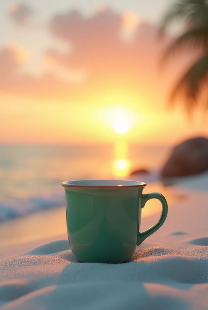 Coffee mug green sunrise white beach