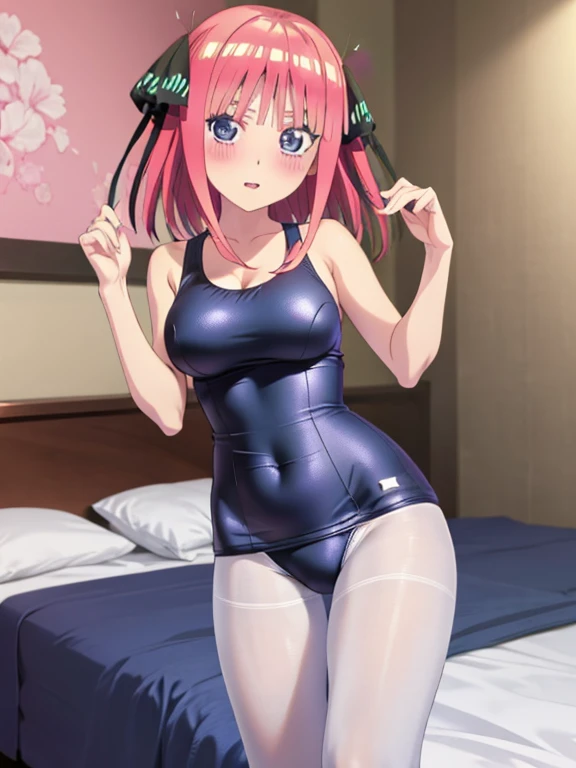 best quality, insanely detailed, nino nakano, breasts, blush, bedroom background, looking at viewer, one-piece swimsuit, cheerful eye, pantyhose