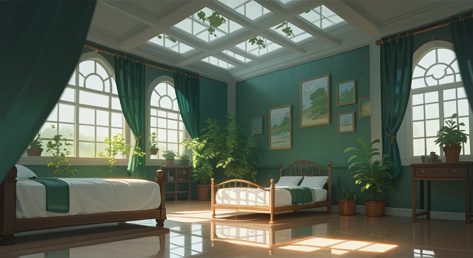 indoor,European Classical Style,Green plants,Messy,Single bed,Bed curtain,Reflection,Floor-to-ceiling windows,(Rocking Chair),毛毯在Rocking Chair上,Scenery,Concept map,High Detail,Highest quality