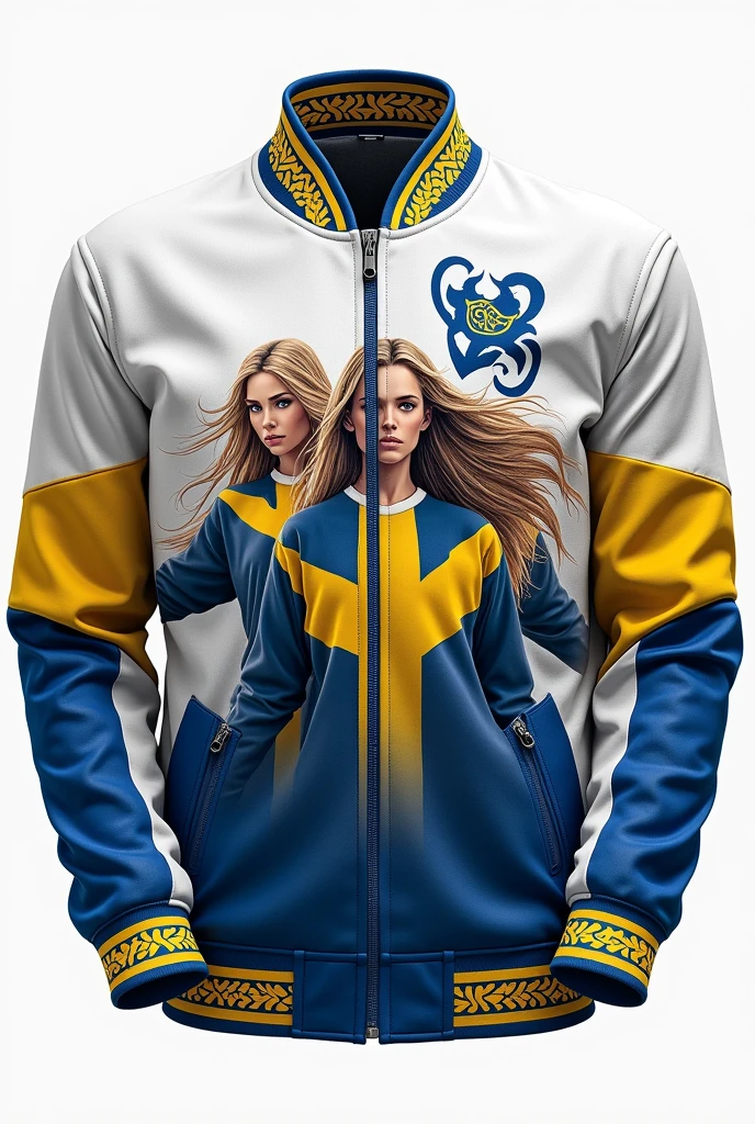 Make a white Swedish team jacket with a Nordic theme and Valkyries and blue and yellow details.