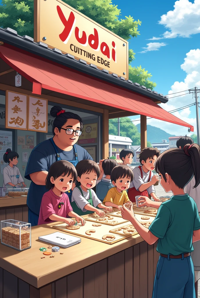 Japanese Summer Festivals The edge of the Obihiro Plains Festival A cookie-cutter stall A wide range of people from small children to high school students can enjoy it. The owner of the shop wears glasses, is large and chubby, and has a man bun hairstyle. About 10 people are sitting around a low table on low chairs, working earnestly and with great enthusiasm on cutting out shapes. 「Yudai Cutting edge」A store with a sign that reads Roads in the city are closed to traffic.