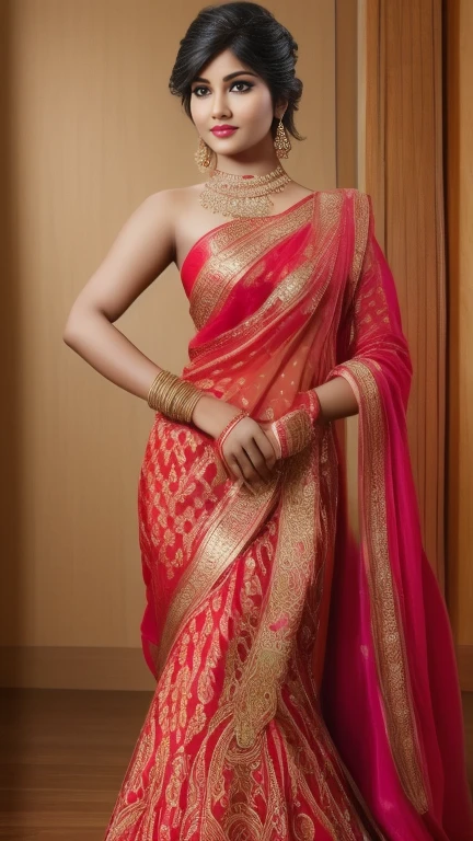 A beautiful Indian woman, wearing a traditional red national costume, standing in a sexy pose, highly detailed, 8k, photorealistic, masterpiece, dramatic lighting, vivid colors, soft focus, intricate details, elegant expression, classic Indian aesthetic, glowing skin, luxurious fabrics, graceful posture, captivating gaze,((ภาพสมจริง))