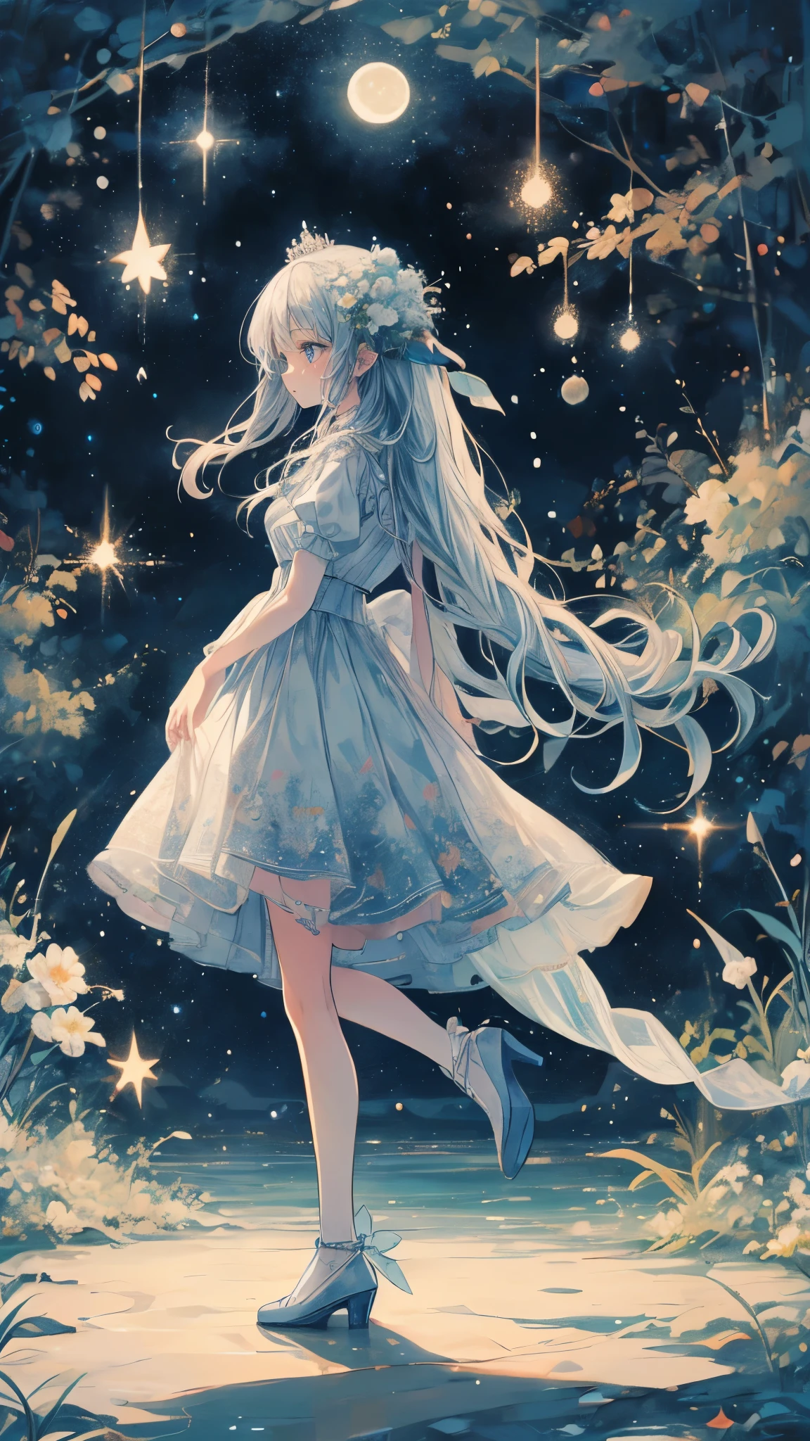 (Mastepiece), (Best Quality), Very detailed, 1 girl, (Full body solo shot:1.5), Perfect Face, beautiful girl, Very detailedな顔，(Blue Princess Dress:1.4)、(Long white hair:1.5)，(blue eyes:1.4)，(Princess:1.4)、(White flower:1.4)、(Blue Butterfly々:1.3)、(Sparkling:1.3)、moonlight、流れstar、(night、star空、White Moon:1.4)、star々、moonlight