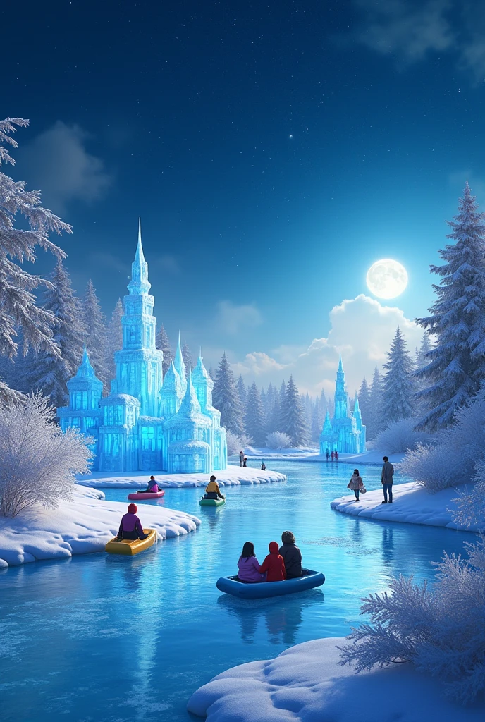 snowy landscape, Frozen lake, ice sculptures, sleds, night sky 