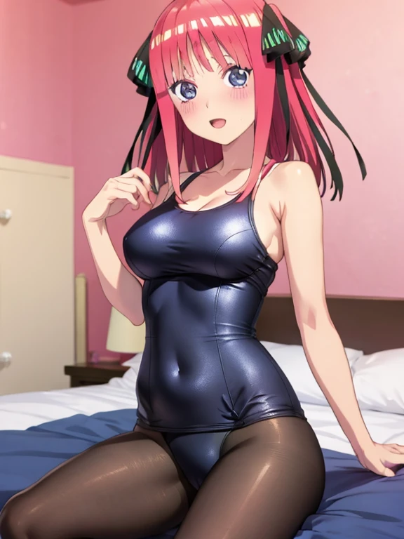 best quality, insanely detailed, nino nakano, breasts, blush, bedroom background, looking at viewer, one-piece swimsuit, cheerful eye, pantyhose