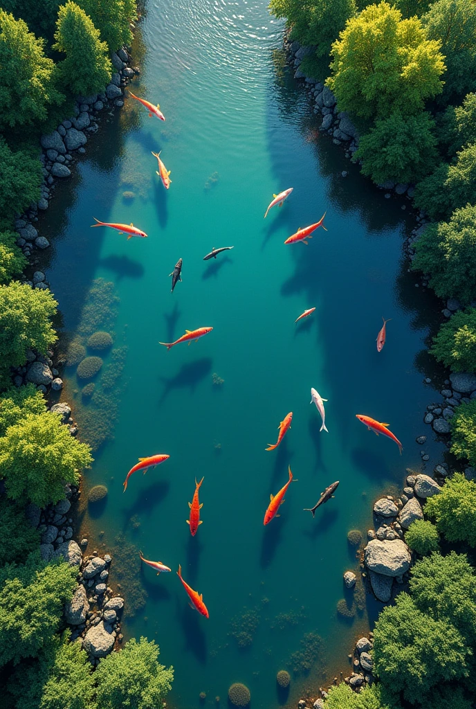 Generate an image of a nanosatellite mapping a lake with various fish