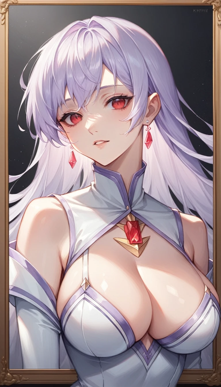 red eyes, (highest quality, masterpiece painting:1.3), immature woman, , (half body shot), masterpiece, ultra high resolution, (Photoreal:1.0), ((light purple hair)),straight hair, beautiful shining hair, white and shining skin, ((Ultra realistic details)), octane rendering, highly detailed face, (big breasts:0.8), bare shoulder, light purple pvc outfit, (light purple pvc serafuku:1.3), (light purple pvc pleated skirt), light purple pvc elbow gloves, light purple pvc thigh boots, (garter straps:1.2), Fabric Glows, open neckline, cleavage, perfect body, soft skin, silver earrings, (pure white background:1.4), sharp focus, intricate details, professional artwork, (bright colors:1.1), bright colors, diffused lighting, digital blending, ultra-definition body, ultra detail hair, super detailed face, that'It's trending on pixiv, top button open, Cute gaze, compensate, perfect lips, perfect compensate, Ultra-precision coating, (light_smile:0.8), (smugness:1.2),blush your nose,
