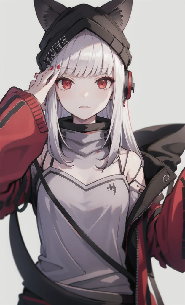 origin, 1girl, solo, white background, red jacket, long hair, off shoulder, simple background, tail, grey shirt, upper body, nail polish, hacker, cyborg