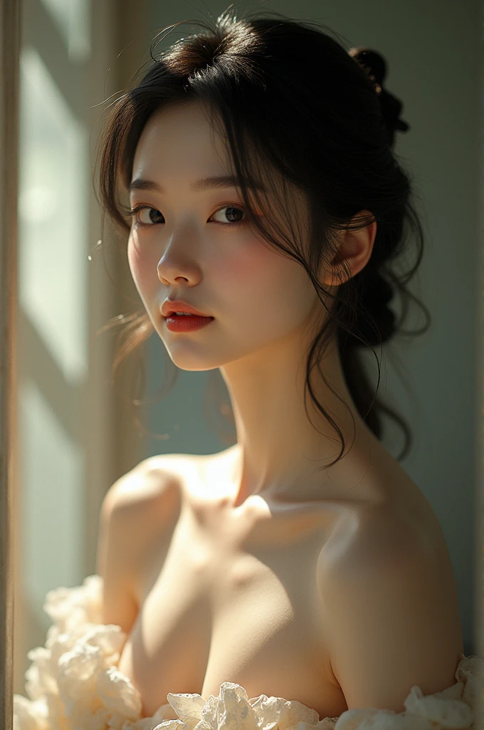 An elegantly dressed Japanese woman in natural light、A close-up of her chest and calm expression.、It shows her inner peace and outer charm.。