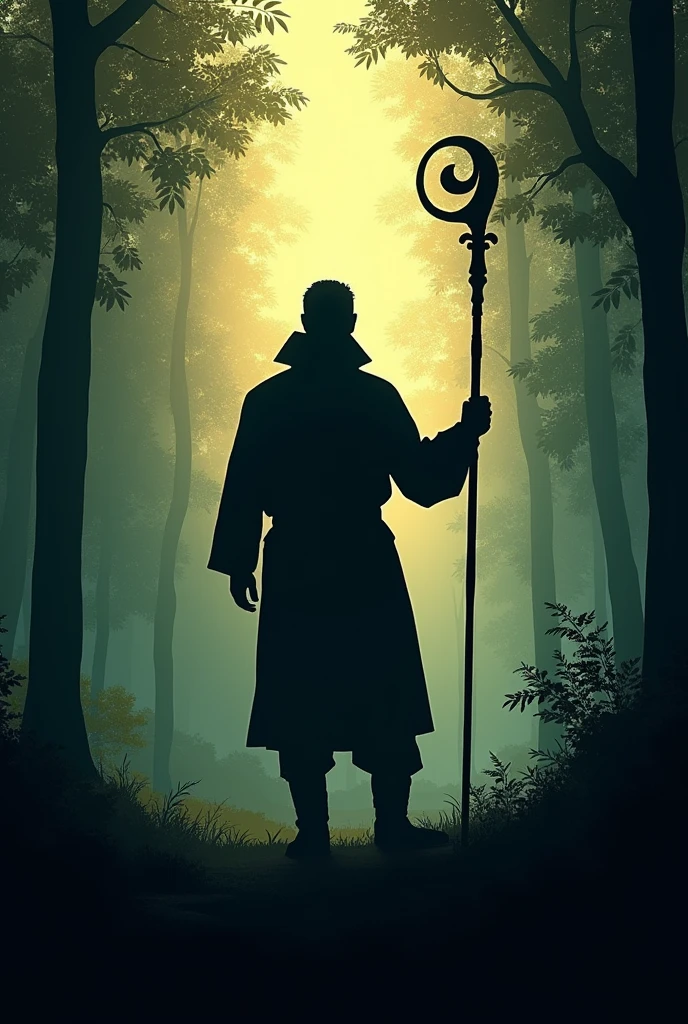 Create the silhouette of a man, holding a staff in the middle of the forest