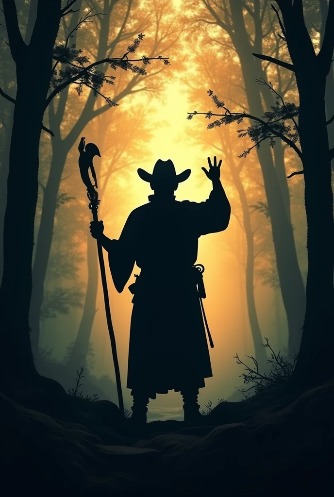 Create the silhouette of a man, holding a staff in the middle of the forest