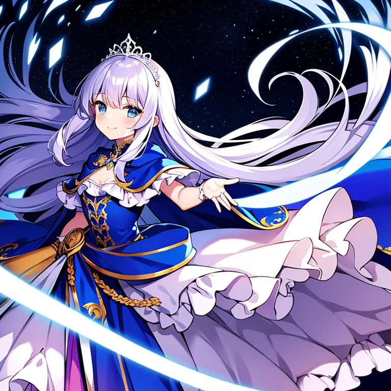 moe style illustration, looking at viewer,(best quality),(rococo style gown),(long train blue cape:1.15), very long cape,(long train white ball gown with flower decorations:1.1), a girl is wearing a cape over her gown, 1 little princess, tiara, smile, very long hair, small breasts
