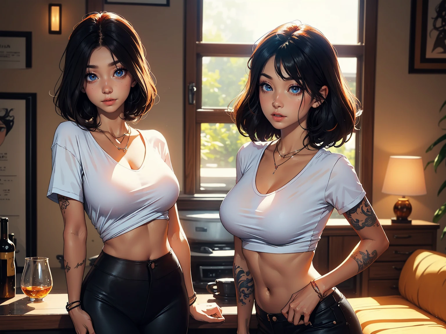 A stunning woman stands solo, hips slightly upturned, her detailed face radiating a sultry invitation. amber eyes shine like warm honey as she sports multi-colored hair with trendy bangs. A tattooed dragon wraps around her toned physique, visible beneath a fitted t-shirt that accentuates her chest. A delicate necklace glimmers against her skin as she confidently wears a sexy smile. Her mischievous gaze seems to say 'come closer', drawing the viewer's eye like a magnet. Framed by a soft, beauty is perfectly balanced and on full display, with the tip of the nipple showing through